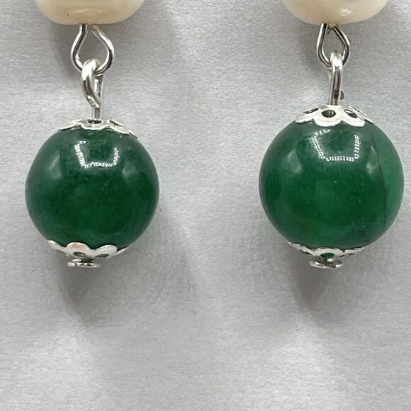 925 Sterling Silver Genuine Emerald Green Gemstone Pearl Dangle Hoop Earrings - Picture 5 of 10